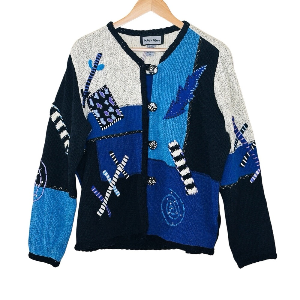 Indigo Moon Womens Patchwork Embroidered Sweater Cardigan Size M Cottage Novelty
